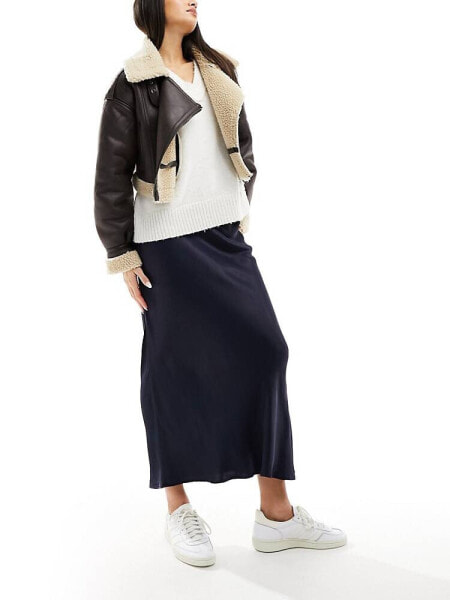 Stradivarius satin bias midi skirt in navy