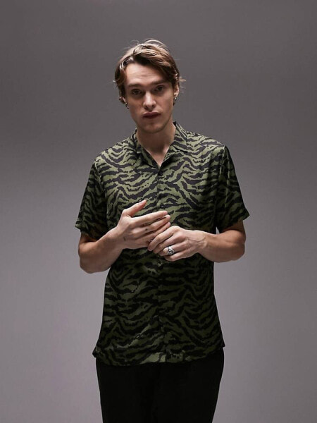 Topman satin deep revere shirt in khaki animal print