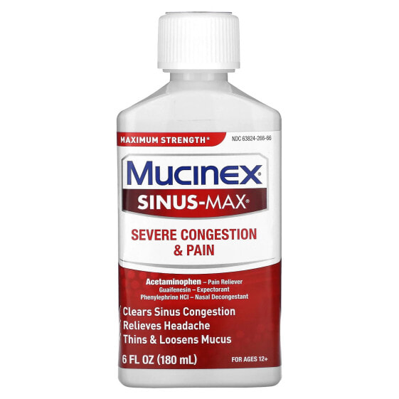 Противоаллергический препарат Mucinex Sinus-Max, Противозаложенность и Боль, Для возраста 12+, 6 ж. унц. (180 мл)