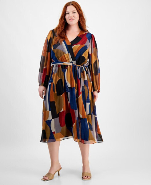 Plus Size Printed Faux-Wrap Long-Sleeve Dress