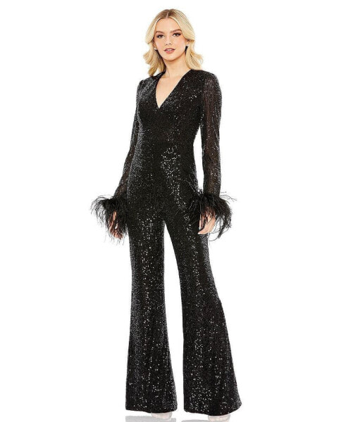 Women's Ieena Feather Cuff Sequined V Neck Jumpsuit