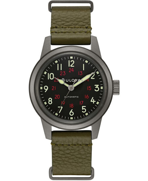 Men's Automatic Military Green Leather Strap Watch 38mm