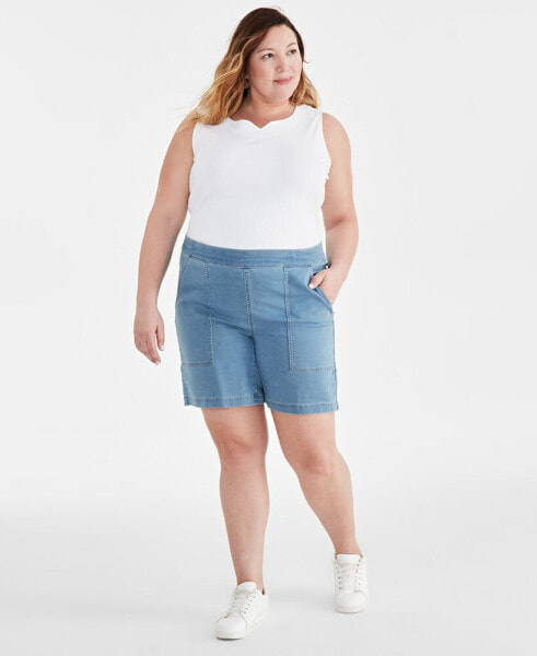 Plus Size Mid Rise Pull-On Denim Shorts, Created for Macy's