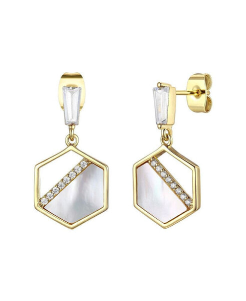14k Gold Plated Sterling Silver with Mother of Pearl & Cubic Zirconia Hexagon Dangle Earrings