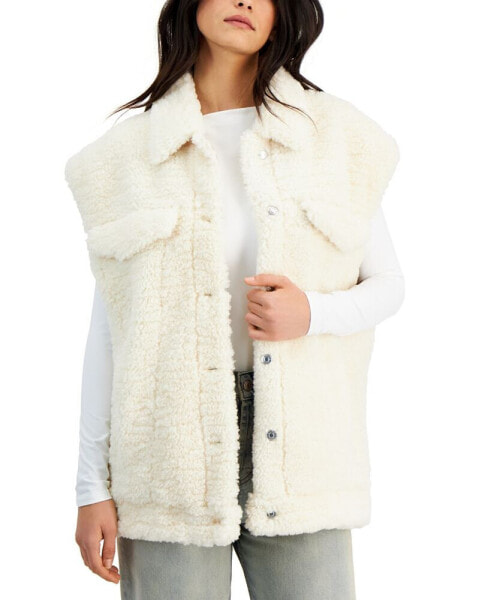 Women's Collared Button-Front Teddy Bear Vest