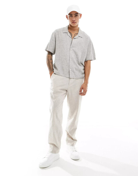 Weekday Charlie linen boxy fit short sleeve shirt in light mole