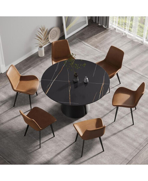 53.15" Modern Artificial Stone Round Black Carbon Steel Base Dining Table-Can Accommodate 6 People