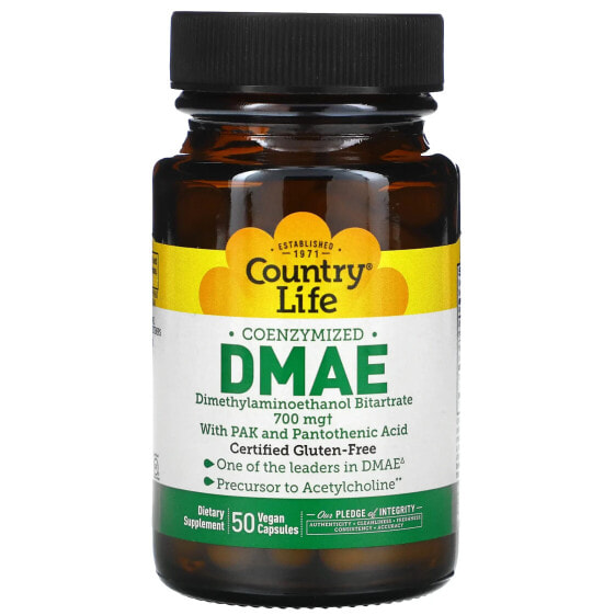 Витамины для улучшения памяти Country Life Coenzymized DMAE, 700 мг, 50 веганских капсул (350 мг на капсулу)