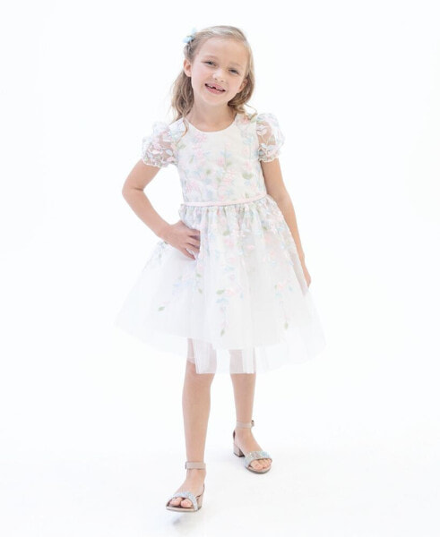 Little Girls Puff Sleeves Floral Embroidered Mesh Social Dress