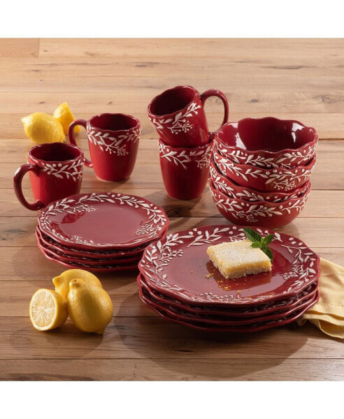 Посуда для ужина American Atelier белая с красным гирляндой и омелой из керамики, 16 предметов