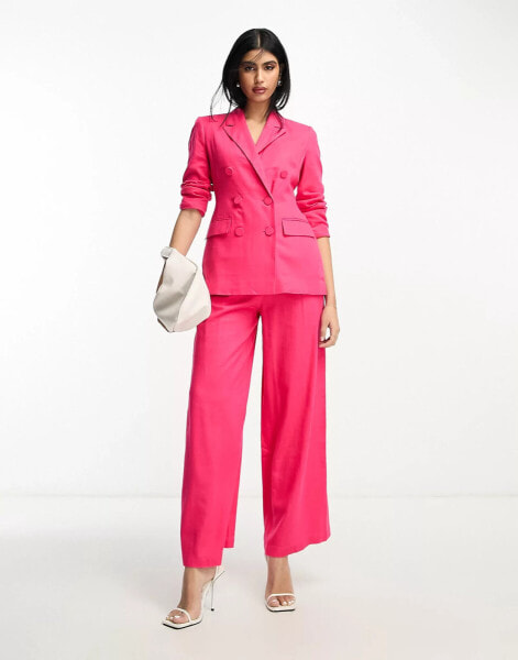 ASOS DESIGN double breasted suit blazer with linen in hot pink