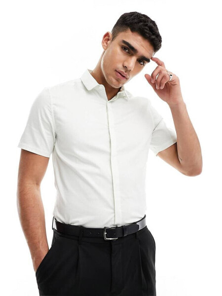 ASOS DESIGN Wedding slim sateen shirt with penny collar in ivory