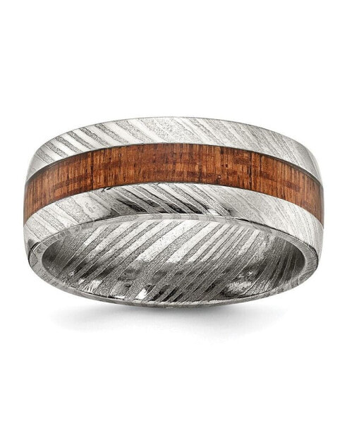 Damascus Steel Polished with Sapele Wood Inlay 8mm Band Ring