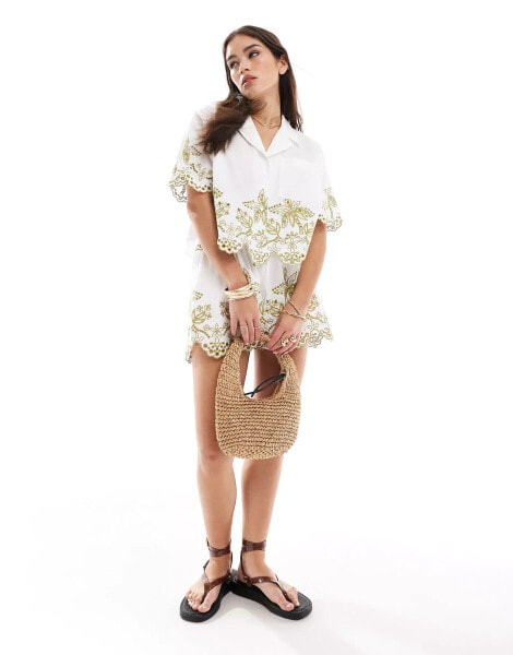 ASOS DESIGN cropped shirt with palm tree embroidery in white co-ord