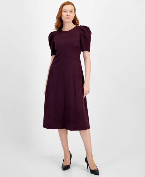 Women's Suede Puff-Sleeve Midi Dress