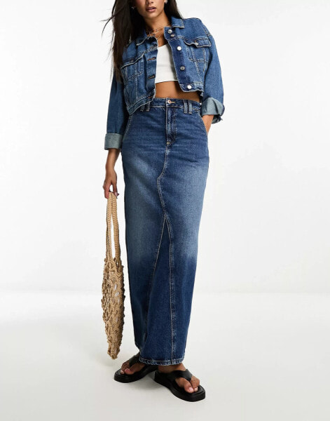 River Island seam detail denim maxi skirt in dark denim