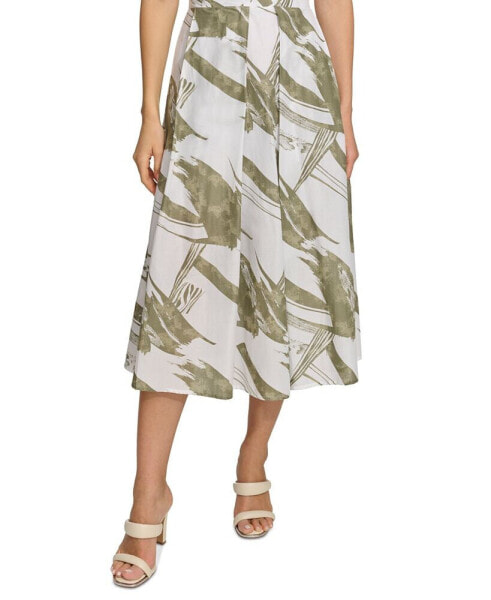 Women's Printed Pleated Cotton Voile Midi Skirt