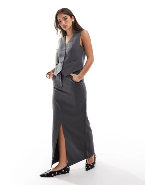 Pieces tailored slit front maxi skirt co-ord in magnet grey