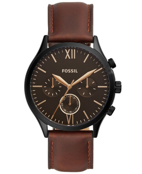 Men's Fenmore Multifunction Black-Tone Brown Leather Watch, 44mm