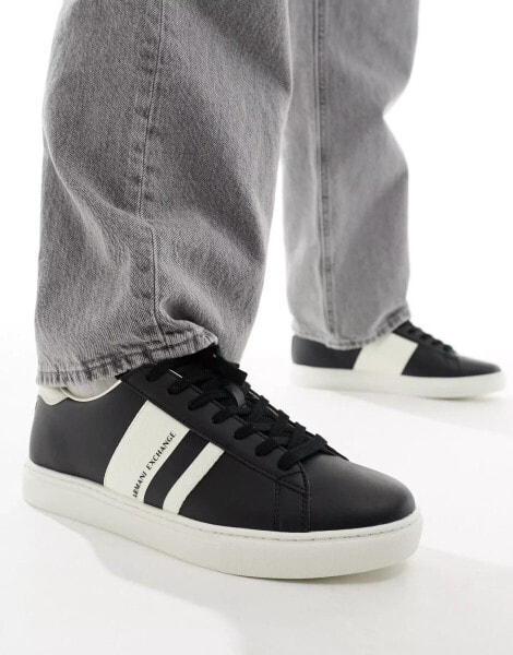 Armani Exchange side stripe logo trainers in black/white