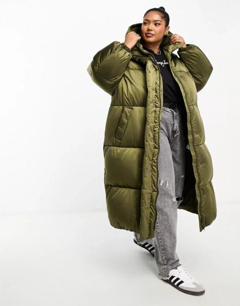 Tommy Jeans Plus long satin puffer coat in olive green