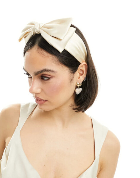 My Accessories satin bow headband in cream