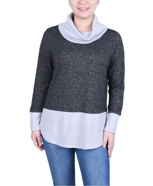 Petite Long Sleeve Cowl Neck Colorblocked Top