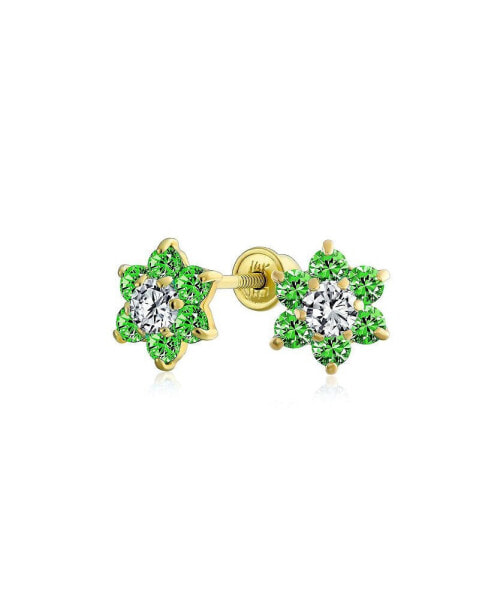 Tiny Green CZ Flower Stud Earrings For Women For Teen Cubic Zirconia Simulated Emerald 14K Real Gold Screw back