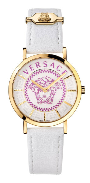 Versace V-Essential Damenuhr Gelbgold Lederarmband weiß VEK400321