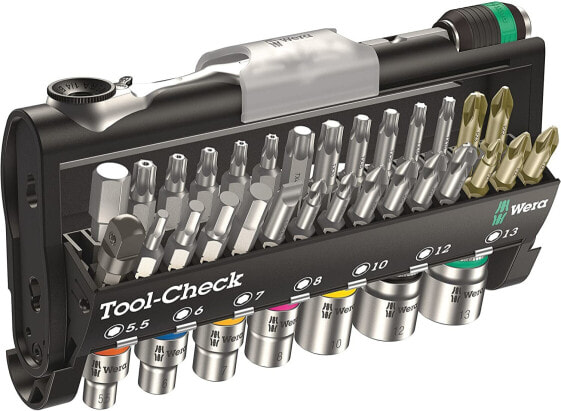 Wera 05073220001 Tool-Check 1 SB, Compact Tool Set, 38-Piece & Ratchet Screwdriver 816 RA, 1/4 Inch x 142.0 mm, 05051461001