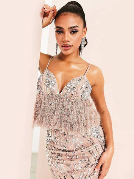 ASOS LUXE embellished gemstone bralet with faux feather hem in mink