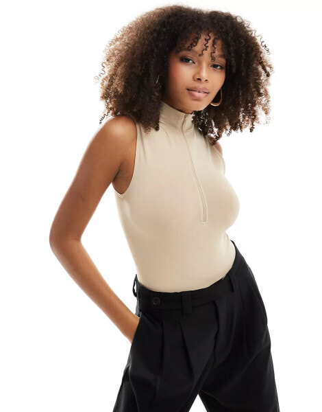 ASOS DESIGN seamless sculpting half zip sleeveless bodysuit in pebble