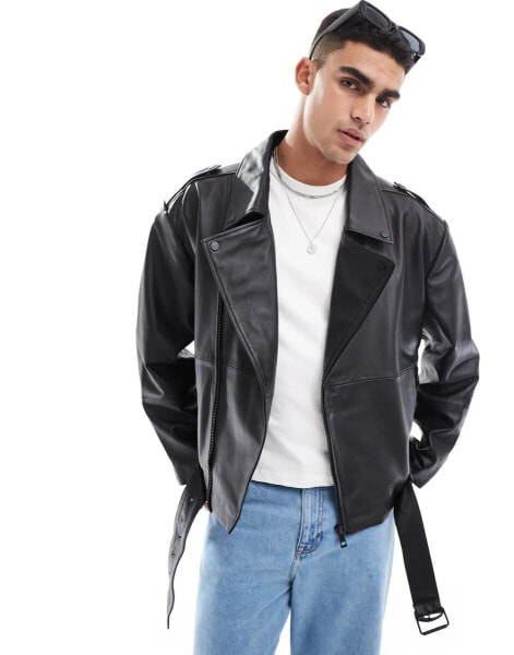 ASOS DESIGN Premium oversized real leather biker jacket in black