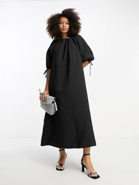 ASOS DESIGN textured midi smock dress with gathered neck in black