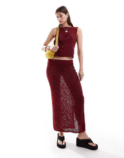 ASOS DESIGN knitted midaxi skirt with jacquard detail co-ord in burgundy