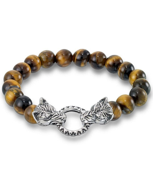 Men's Tiger's Eye Bead Wolf Head Stretch Bracelet in Stainless Steel (Also in Onyx & White Agate)