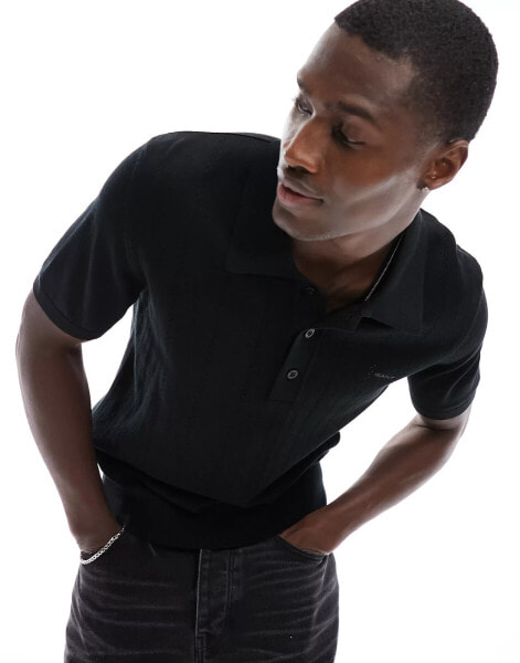 GANT pointelle textured knit polo in black