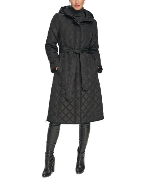 Women's Petite Hooded Belted Quilted Coat