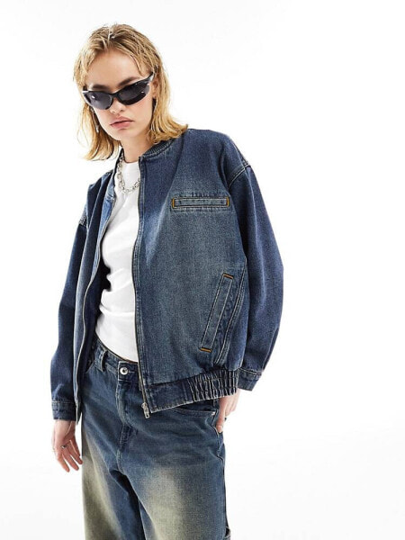 ASOS DESIGN Weekend Collective denim bomber jacket in mid blue wash