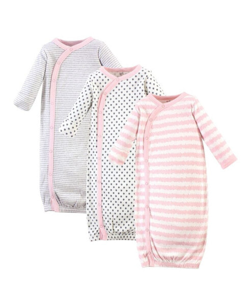 Baby Girls Baby Organic Cotton Side-Closure Snap Long-Sleeve Gowns 3pk, Pink Gray Scribble