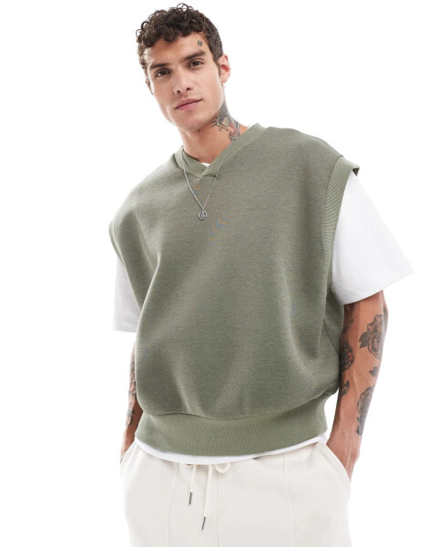 ASOS DESIGN oversized scuba sleeveless sweatshirt with v neck in khaki