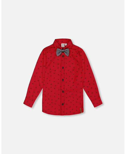 Big Boys Printed Reindeer Poplin Shirt With Bow Tie Red