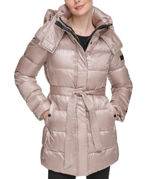 Karl Lagerfeld Womens Shine Hooded Short Belted Puffer Coat