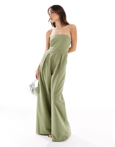 Pretty Lavish strapless jumpsuit with pockets in moss green