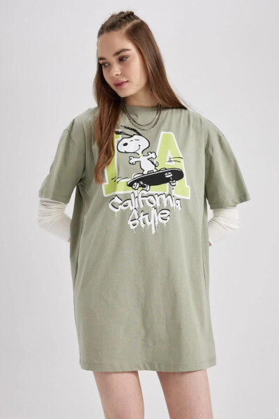 Coool Snoopy Oversize Fit Penye Mini Kısa Kollu 100 Pamuk Elbise A0731ax23sm