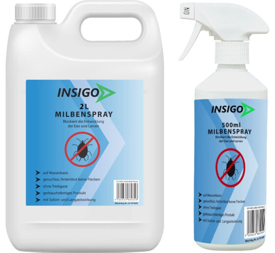 Insigo Mite Spray 2L + 500 ml | Mite Spray Against Scabies | Mite Spray for Mattresses | Mite Spray for Indoor and Outdoor Use, Water-Based, Odourless