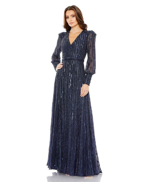 Women's Beaded Lace Long Sleeve Wrap Over Gown