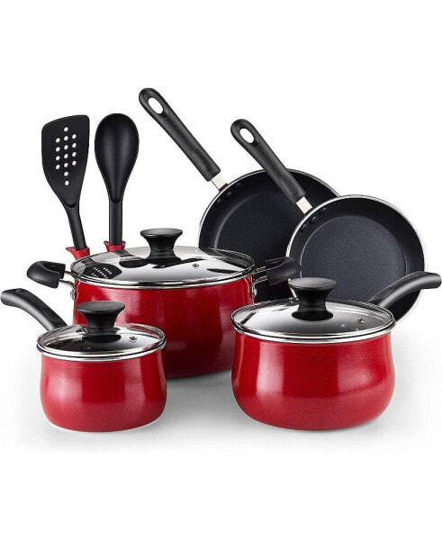 Pots and Pans Nonstick Cookware Set 10-Piece, Belly Shape Kitchen Cooking Set with Frying Pans and Saucepans, Induction Compatible, Marble Red