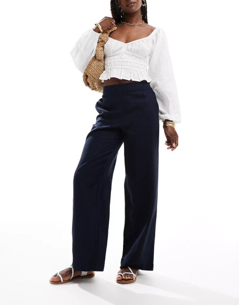 JDY high waist pull on linen look trouser in navy