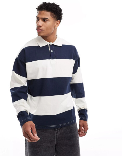 Selected Homme oversized rugby shirt in navy cream stripe